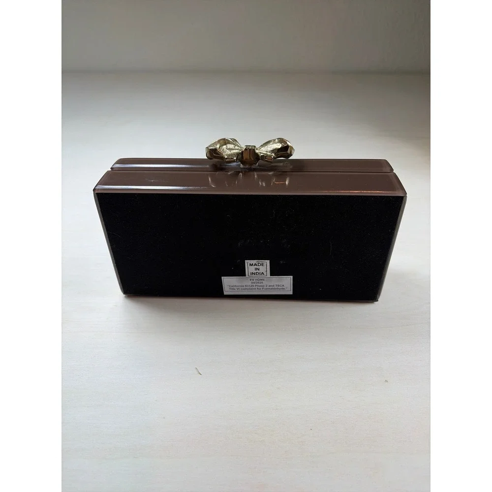 EV Home Brown Glass Jewelry Box Gold Bow Clasp Mirrored Trinket Keepsake Case